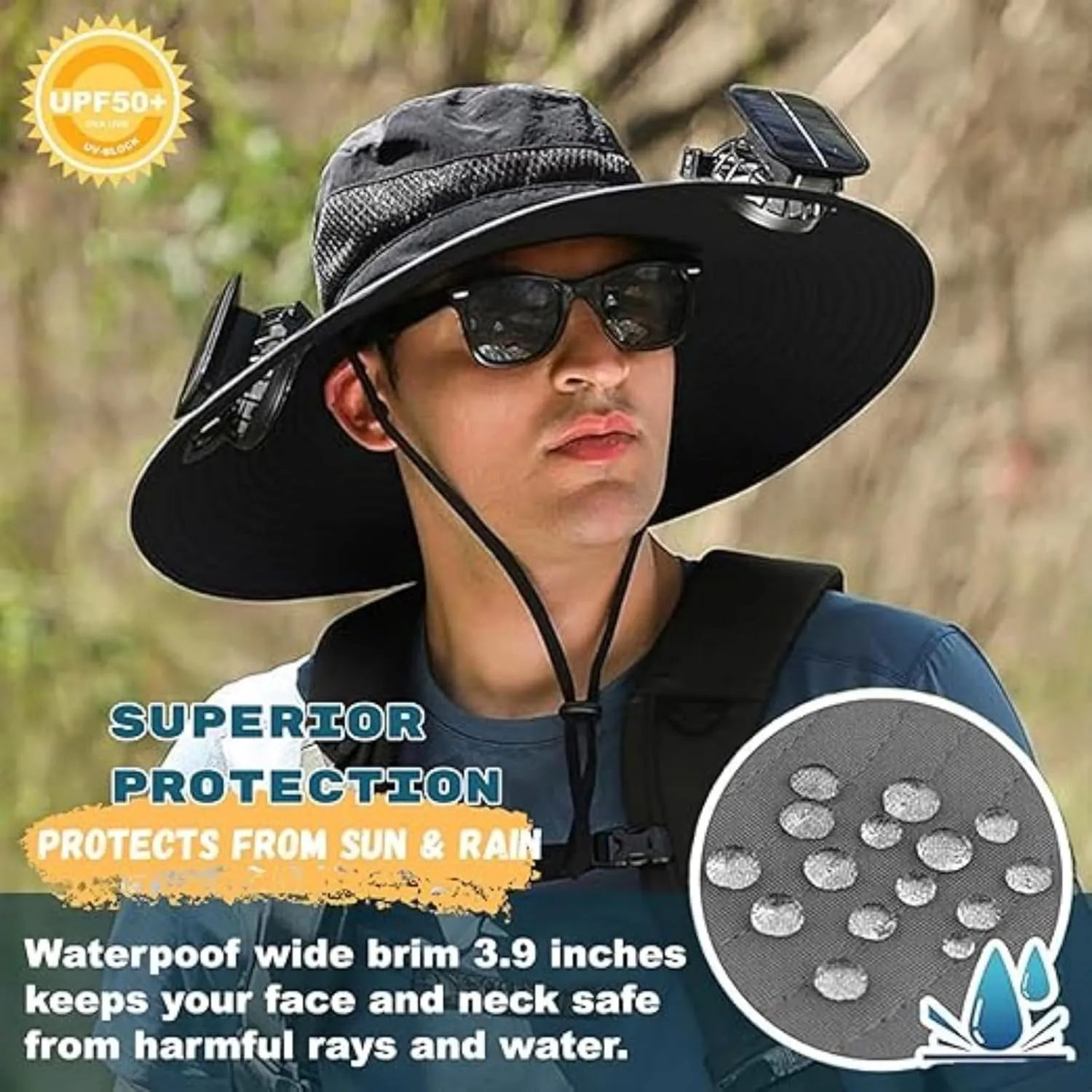 Bucket Hat with 2 Solar Power Fans for Men Women UPF 50  Outdoor Wide Brim Sun Fishing Hat - Removable & USB Charging Fan