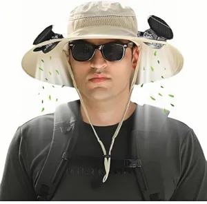 Bucket Hat with 2 Solar Power Fans for Men Women UPF 50  Outdoor Wide Brim Sun Fishing Hat - Removable & USB Charging Fan