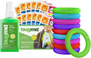 BugMD Kids Mosquito Stickers, Buzz Shield Spray & Mosquito Bracelets Bundle