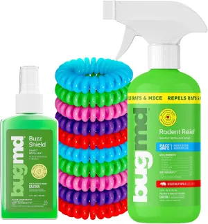 BugMD Mouse Repellent & Rodent Repellent Spray, BugMD Buzz Shield - Mosquito and Insect Repellent Spray and BugMD 10 Pack Mosquito Bracelets Bundle