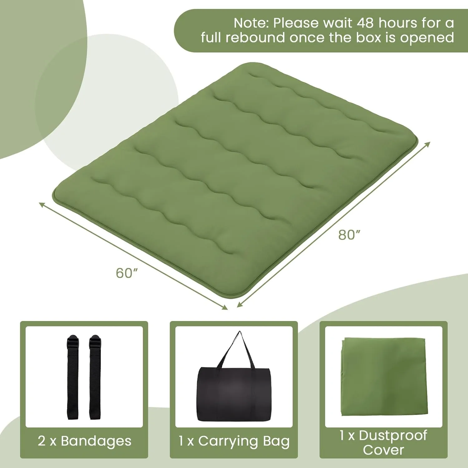 Byroce Futon Mattress, Roll-up Sleeping Cot w/Washable Cover, Portable Cotton Pad w/Bag for Camping, 4" Thick Tatami Mat, Japanese Floor Mattress for School, Home, Car(Green,Queen)