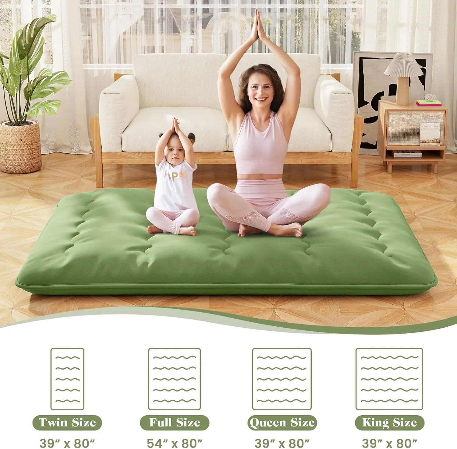 Byroce Futon Mattress, Roll-up Sleeping Cot w/Washable Cover, Portable Cotton Pad w/Bag for Camping, 4" Thick Tatami Mat, Japanese Floor Mattress for School, Home, Car(Green,Queen)