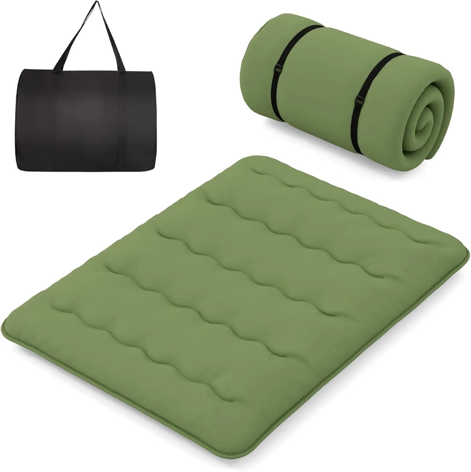 Byroce Futon Mattress, Roll-up Sleeping Cot w/Washable Cover, Portable Cotton Pad w/Bag for Camping, 4" Thick Tatami Mat, Japanese Floor Mattress for School, Home, Car(Green,Queen)