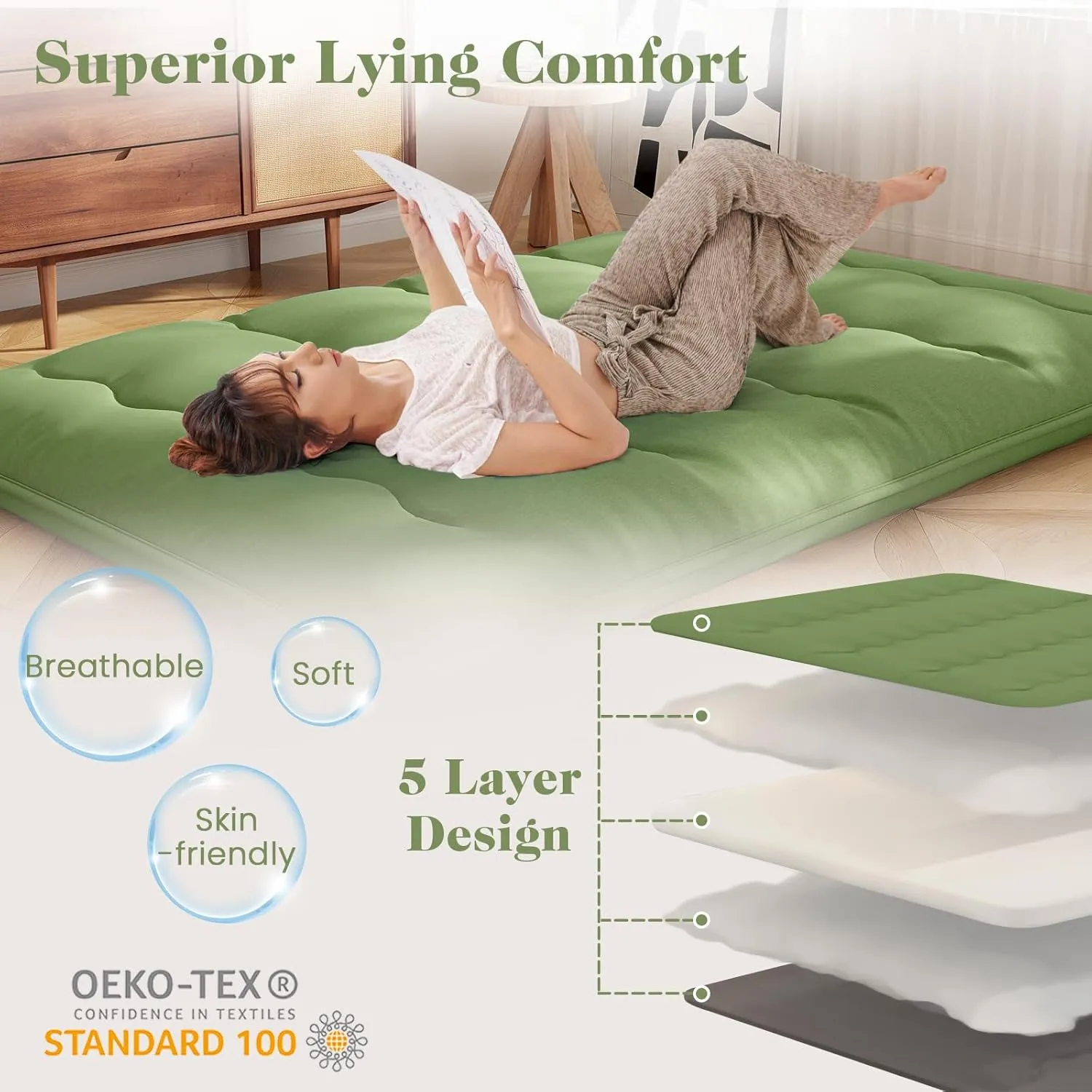 Byroce Futon Mattress, Roll-up Sleeping Cot w/Washable Cover, Portable Cotton Pad w/Bag for Camping, 4" Thick Tatami Mat, Japanese Floor Mattress for School, Home, Car(Green,Queen)