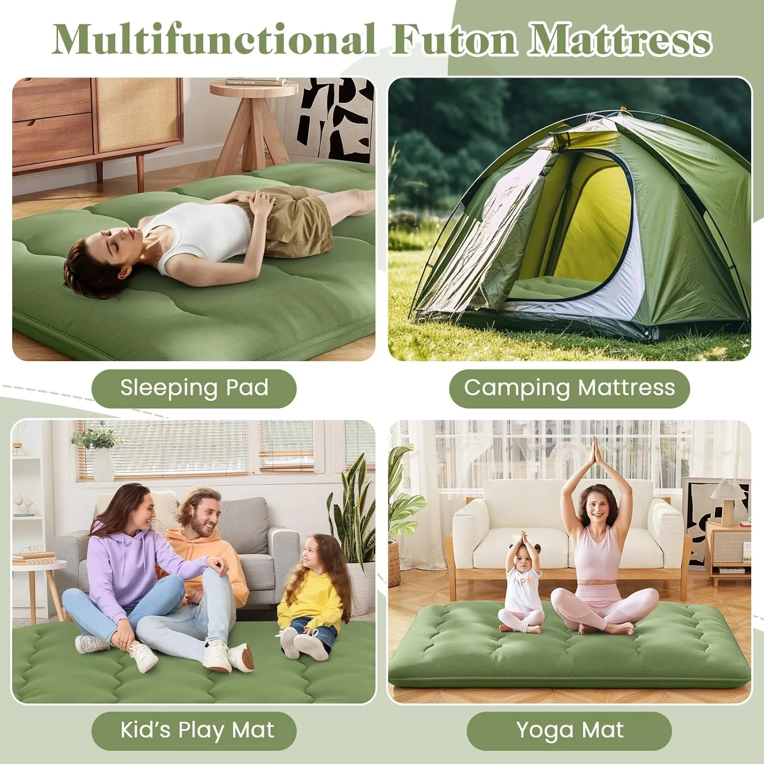 Byroce Futon Mattress, Roll-up Sleeping Cot w/Washable Cover, Portable Cotton Pad w/Bag for Camping, 4" Thick Tatami Mat, Japanese Floor Mattress for School, Home, Car(Green,Queen)