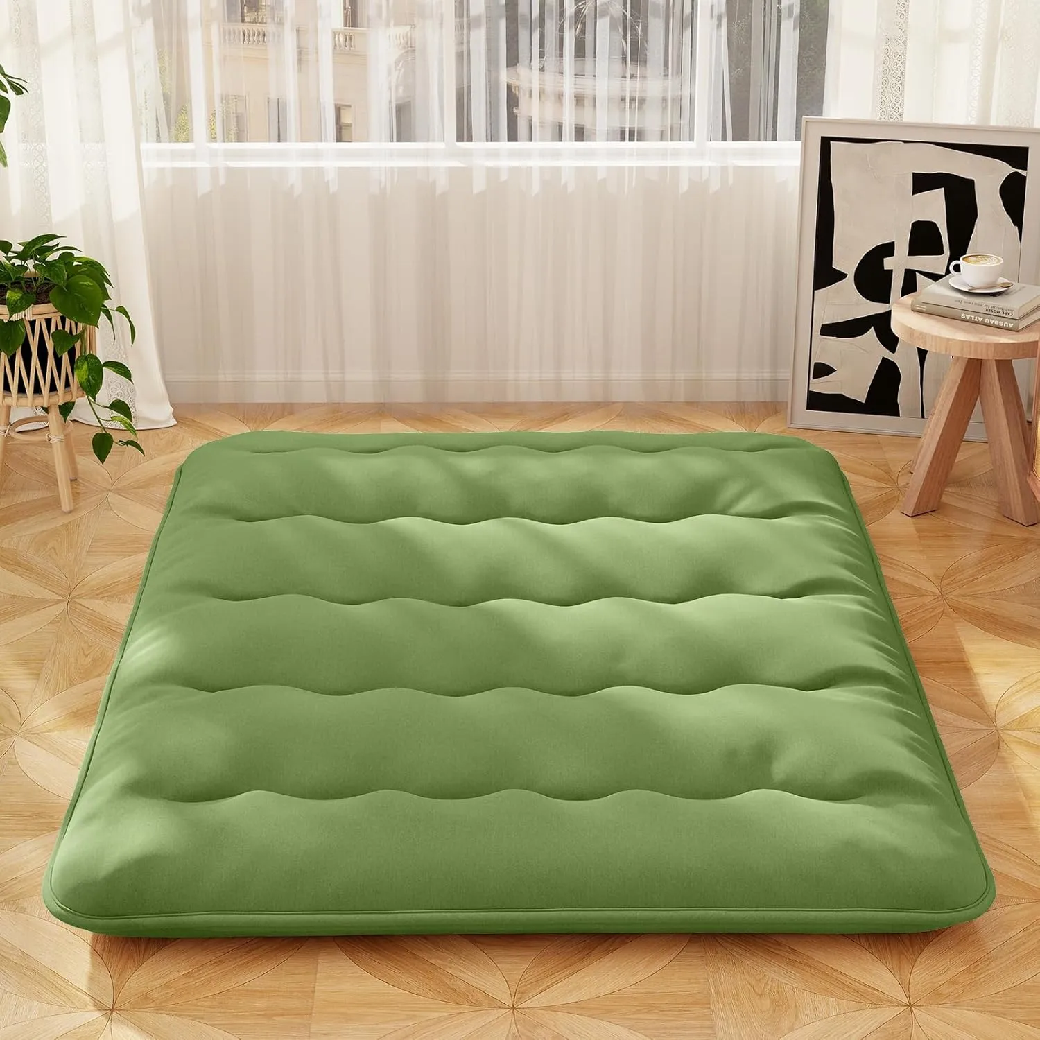 Byroce Futon Mattress, Roll-up Sleeping Cot w/Washable Cover, Portable Cotton Pad w/Bag for Camping, 4" Thick Tatami Mat, Japanese Floor Mattress for School, Home, Car(Green,Queen)