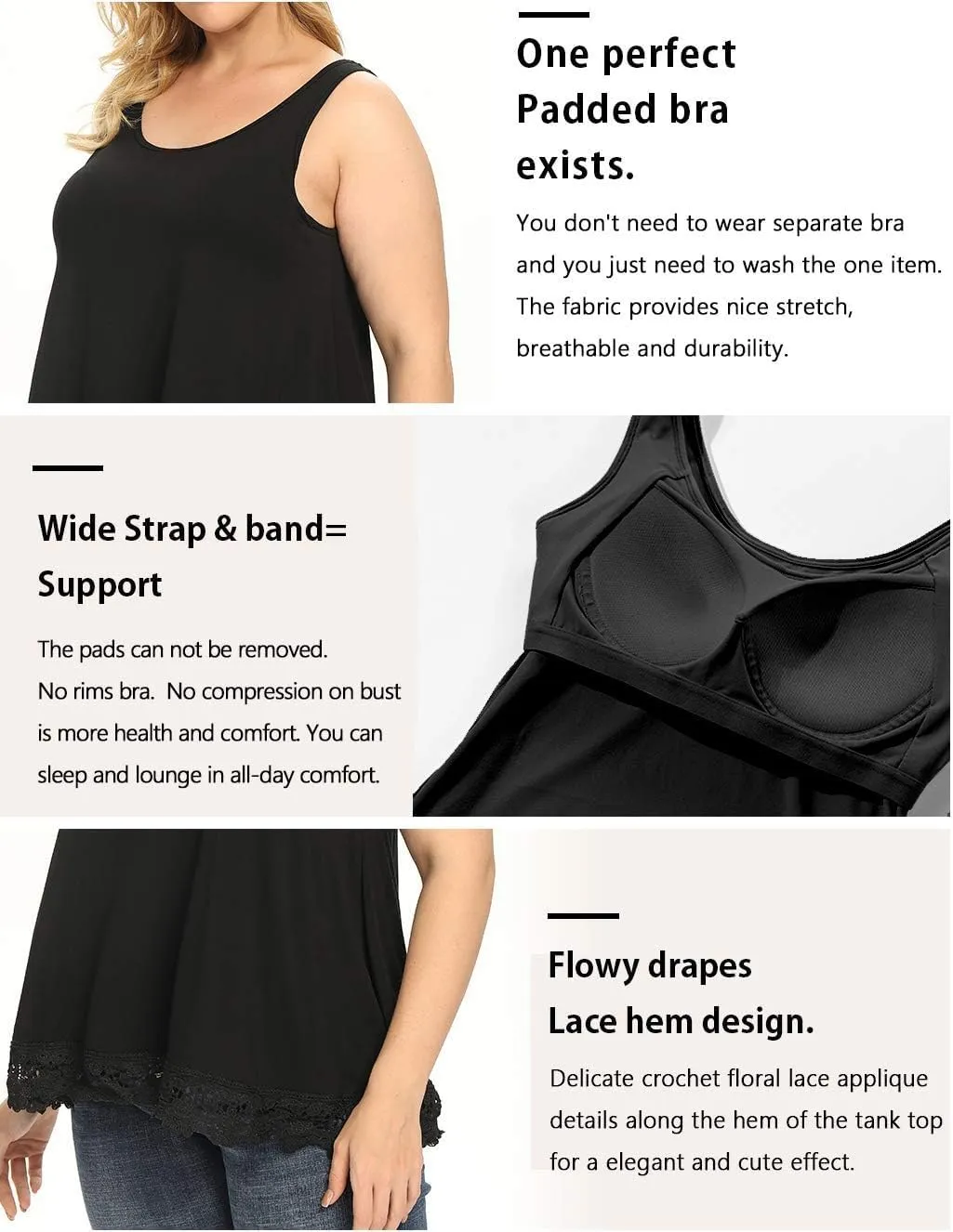 Camisoles for Women with Built in Bra Adjustable Strap Tank Tops Cami Sleeveless Summer Tops for Workout Sleeping Traveling