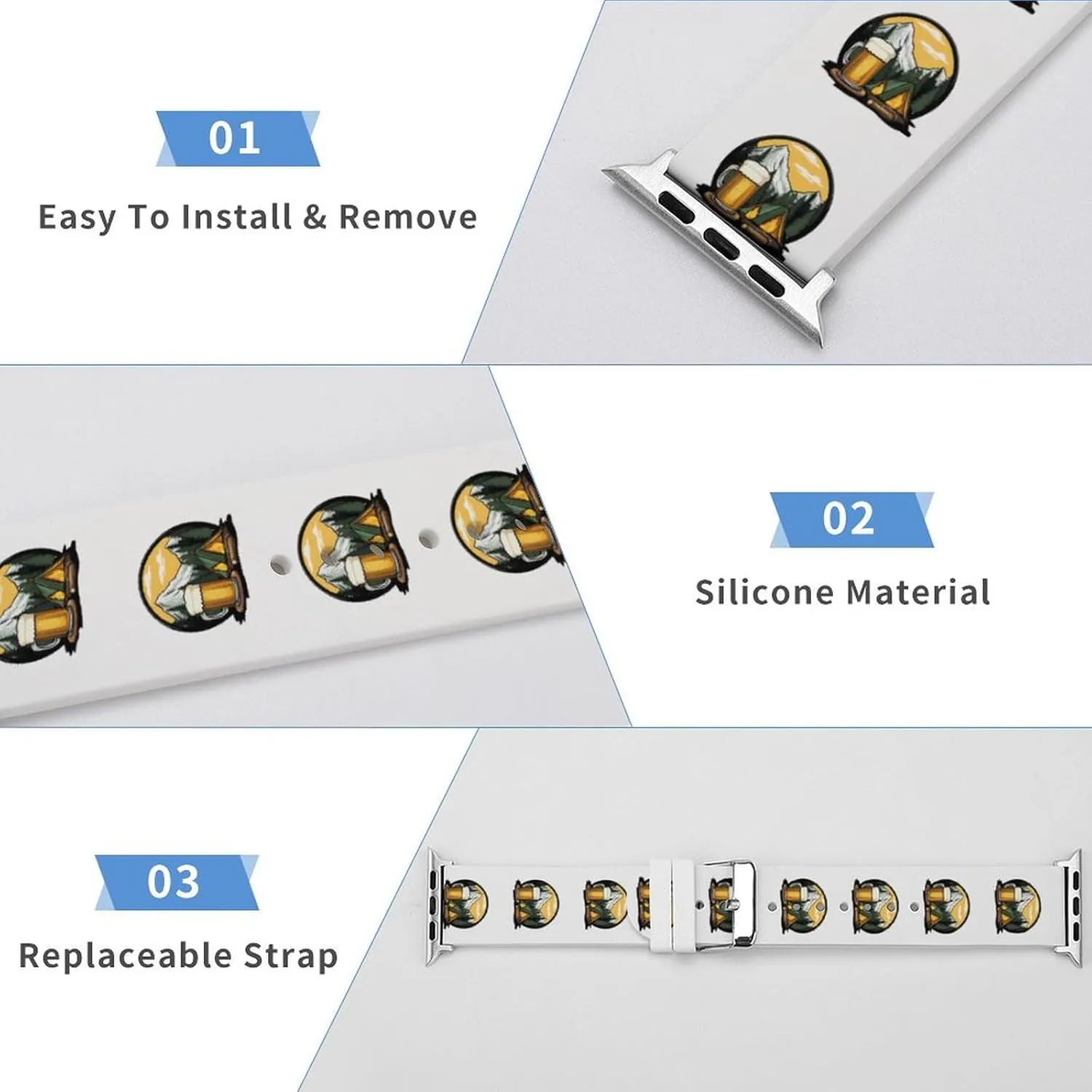 Camping And Beer Adjustable Silicone Watchband Compatible with IWatch Classic Soft Sports Watch Strap for Men Women