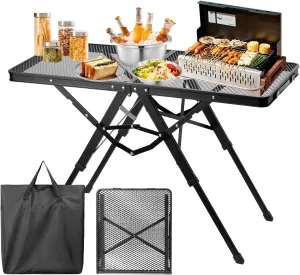 Camping Grill Table, Aluminum Folding Picnic Table with 3 Level Height and Mesh Desktop, 3x2FT Portable Outdoor Table for Camping, Picnic, Beach and BBQ (Black)