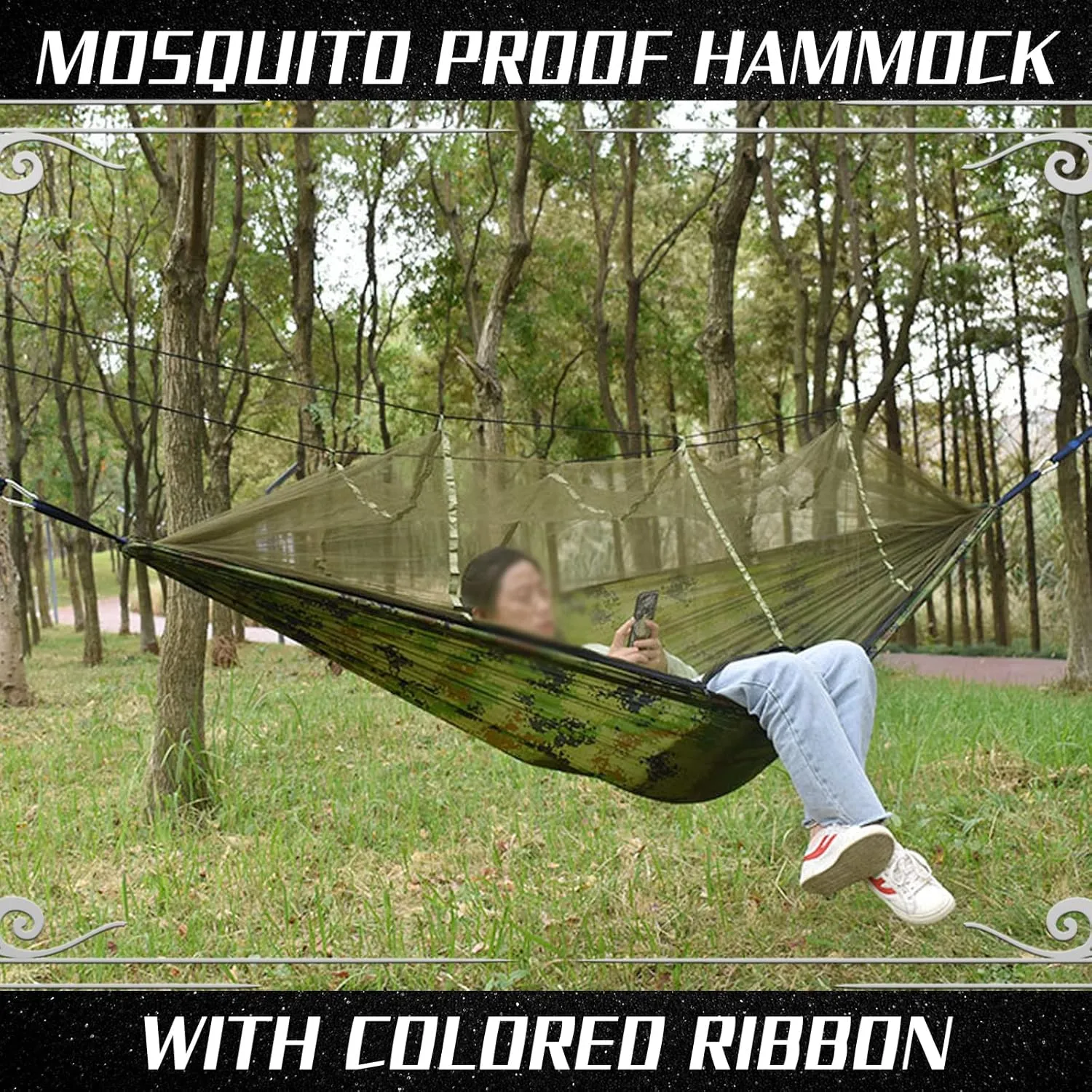Camping Hammock with Mosquito Net - Ultra Lightweight Durable Double Travel Hammock 210T Parachute Nylon for Outdoor Camping Accessories-Light Blue with Pink