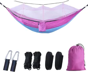Camping Hammock with Mosquito Net - Ultra Lightweight Durable Double Travel Hammock 210T Parachute Nylon for Outdoor Camping Accessories-Light Blue with Pink
