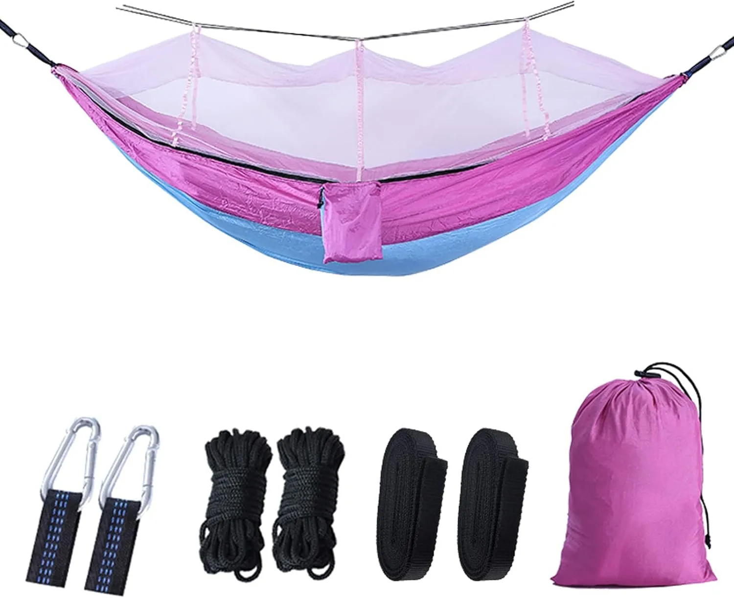 Camping Hammock with Mosquito Net - Ultra Lightweight Durable Double Travel Hammock 210T Parachute Nylon for Outdoor Camping Accessories-Light Blue with Pink