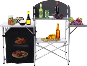 Camping Kitchen Table, Aluminum Folding Cooking Table Outdoor Portable Cook Station with Storage Organizer, Windscreen, Folding Camping Kitchen Station for BBQ, RV and Picnic