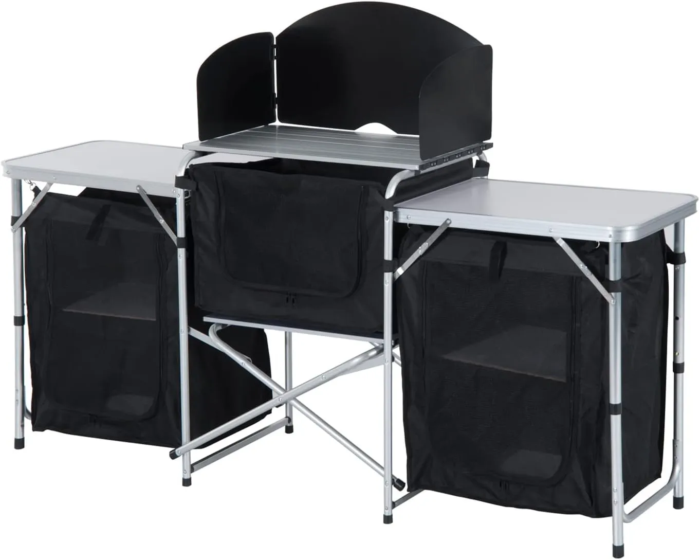 Camping Kitchen Table, Folding Table,Outdoor Cooking Table with Storage, Aluminum Cook Station with Windscreen and Storage Cupboards, BBQ, Foldable Camp Table,Easy Setup