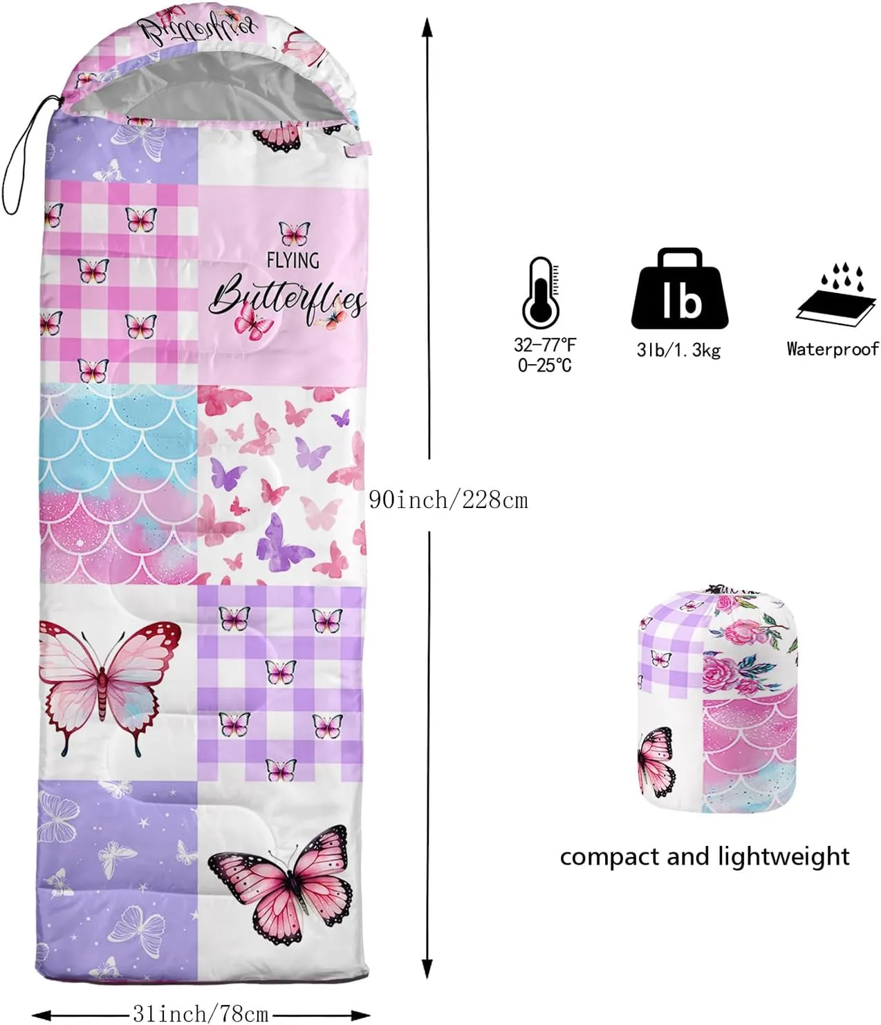 Camping Sleeping Bags,Mermaid Horse Butterfly Starry Sky 3 Season Warm & Cool Weather,Lightweight,Waterproof Sleeping Bags for Adults & Kids,Traveling,and Outdoors,Camping Gear Equipment