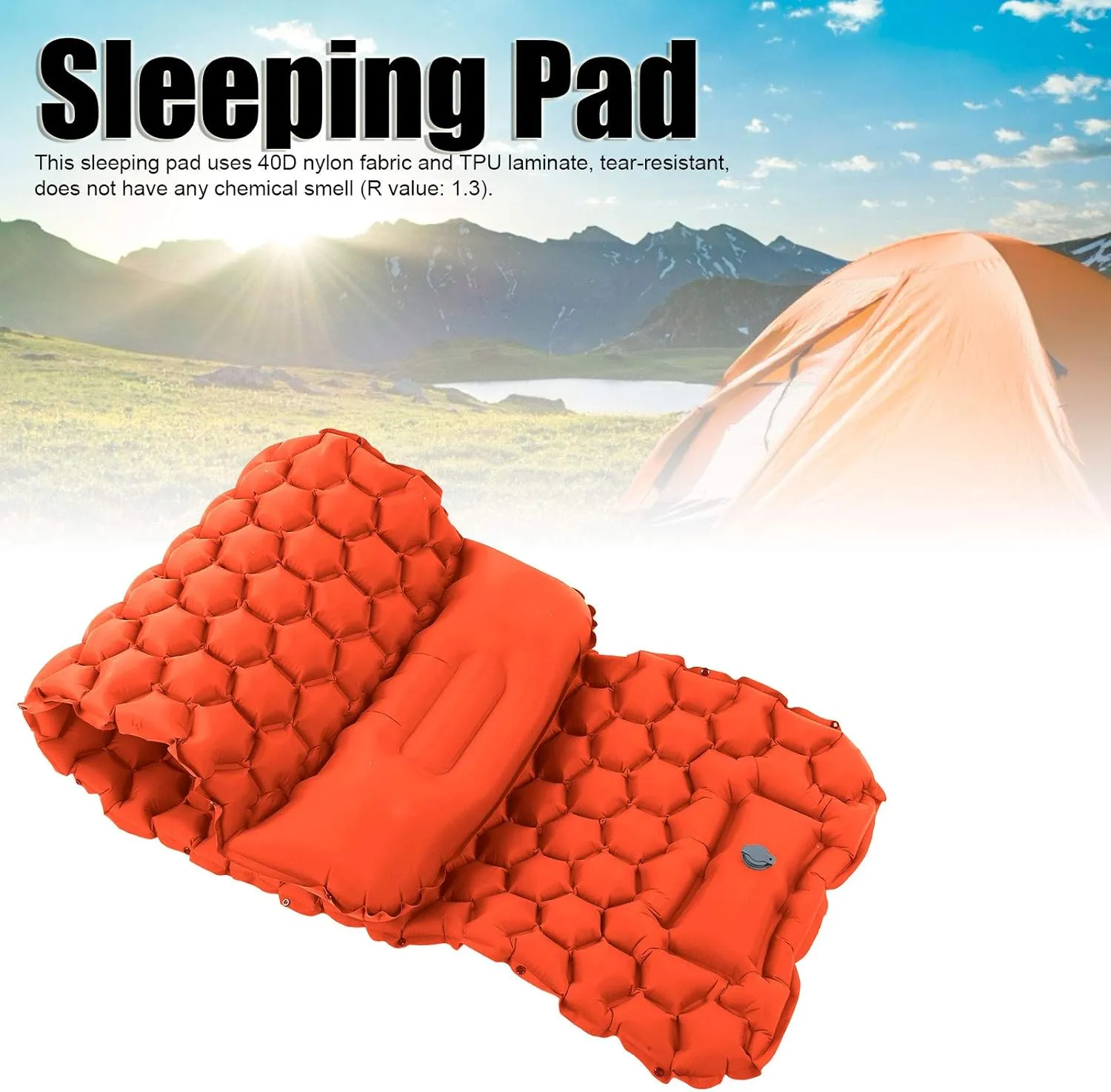 Camping Sleeping Pad Mat, Lightweight Inflatable Cushion Mattress, Sturdy 40D Nylon TPU Laminate, for Tent Hiking Travel, Comfortable 3D Design (Orange)