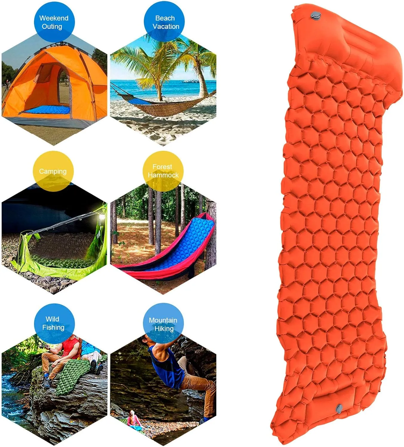 Camping Sleeping Pad Mat, Lightweight Inflatable Cushion Mattress, Sturdy 40D Nylon TPU Laminate, for Tent Hiking Travel, Comfortable 3D Design (Orange)