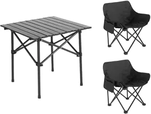 Camping Table and Chairs Picnic with 2 Chairs, Fold up Chair with Side Pocket Portable Camping Set with Carry Bag for Fishing BBQ Picnic,Black