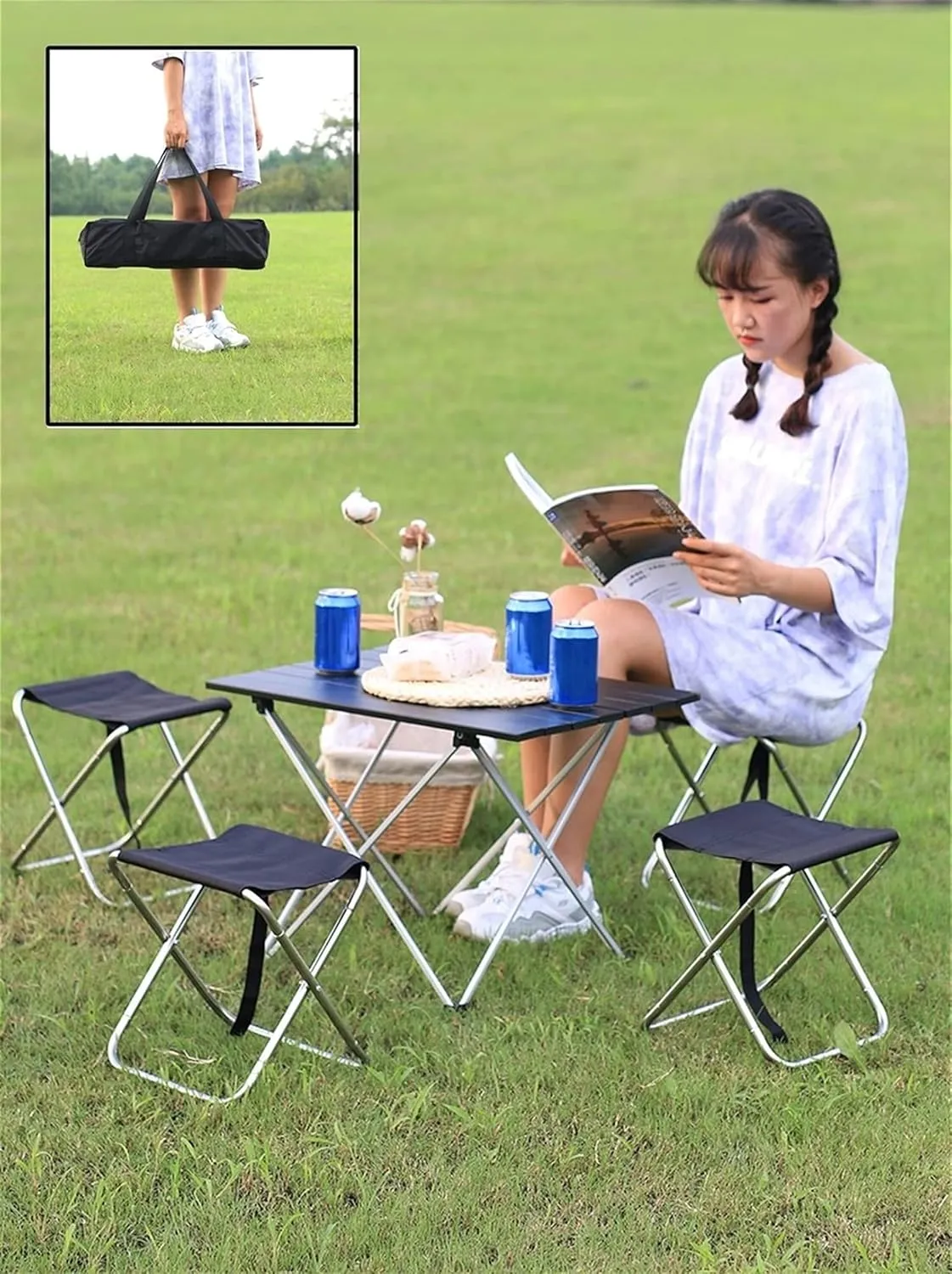 Camping Table Chairs Aluminum and Chair Set, Lightweight and Small Outdoor Camping Picnic Table, Suitable for Courtyard Garden Beach 56x40x40cm