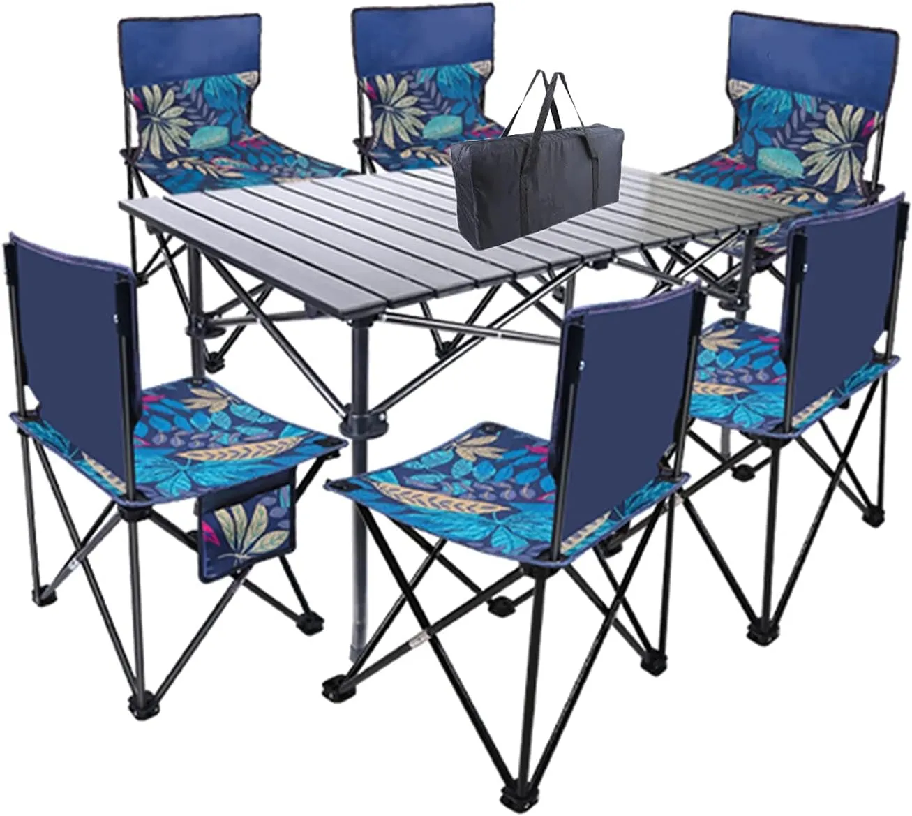 Camping Table Chairs Large Set with Six Chairs, Aluminum Alloy Outdoor Camping Picnic Table, Convenient Storage