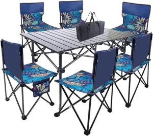 Camping Table Chairs Large Set with Six Chairs, Aluminum Alloy Outdoor Camping Picnic Table, Convenient Storage