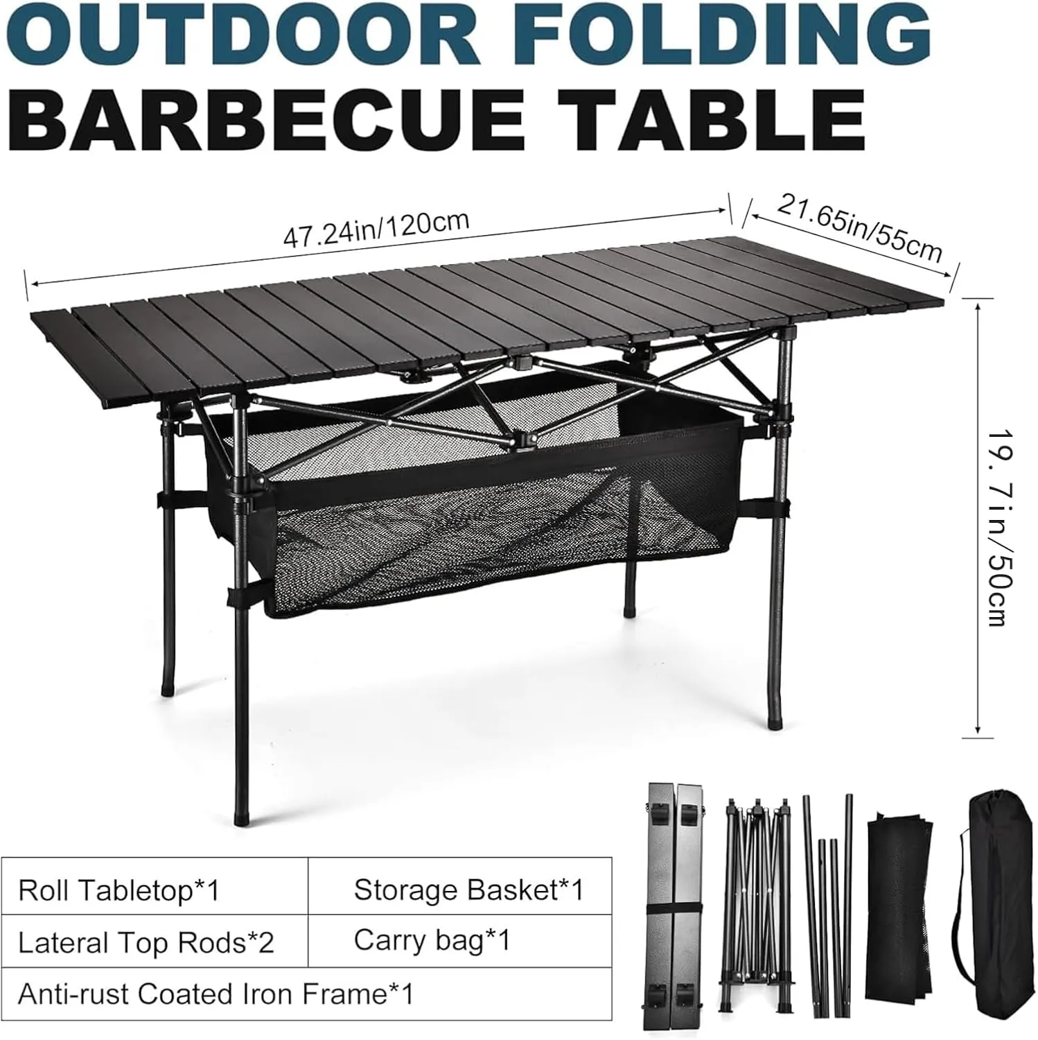 Camping Table, Portable Aluminum Roll Up Picnic Backpacking Table with Mesh Storage Bag Black