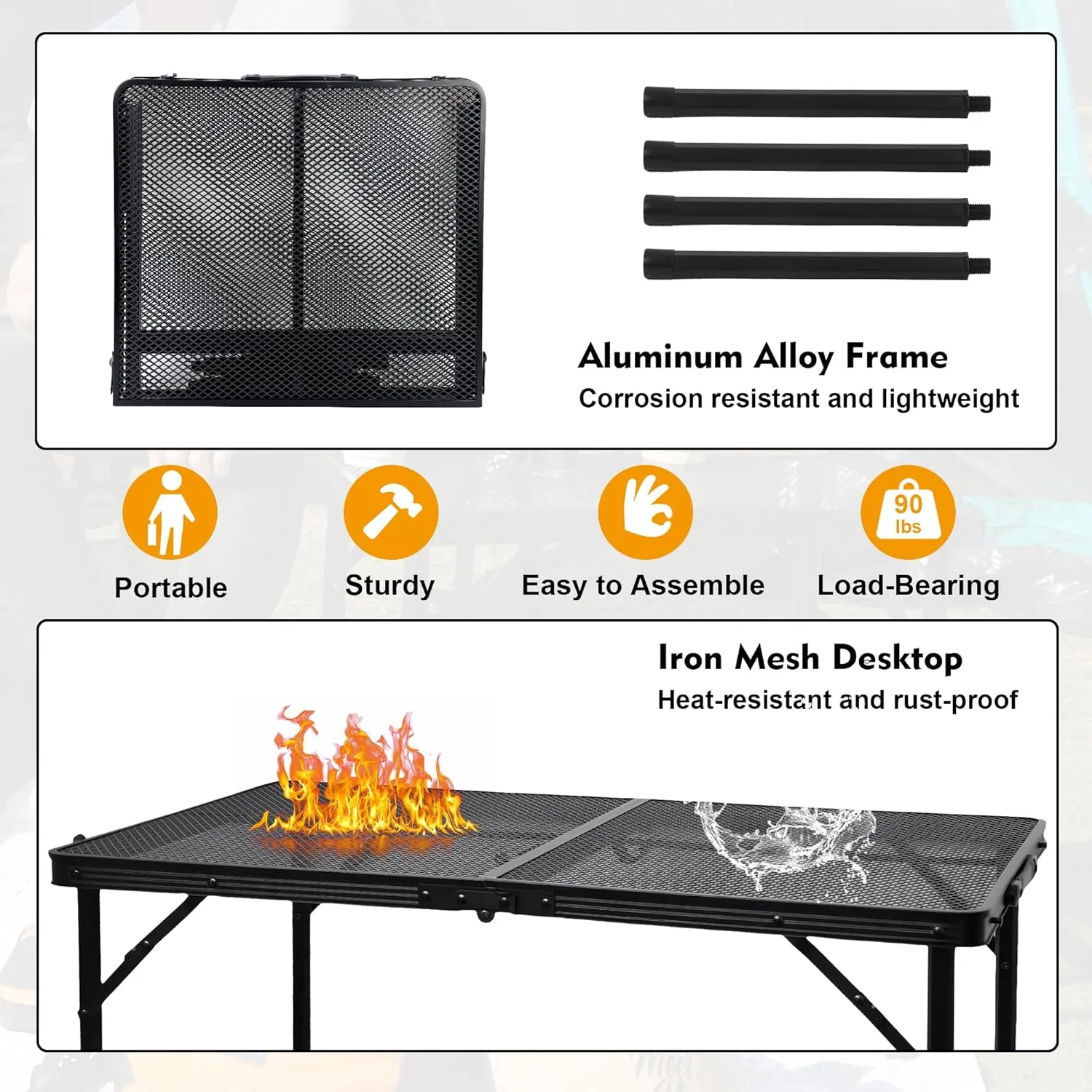 Camping Table with Mesh Desktop, Lightweight & Portable Folding Grill Table, Height Adjustable Metal Outdoor Table for Camp, Cooking, BBQ, RV, Picnic-4 FT Black