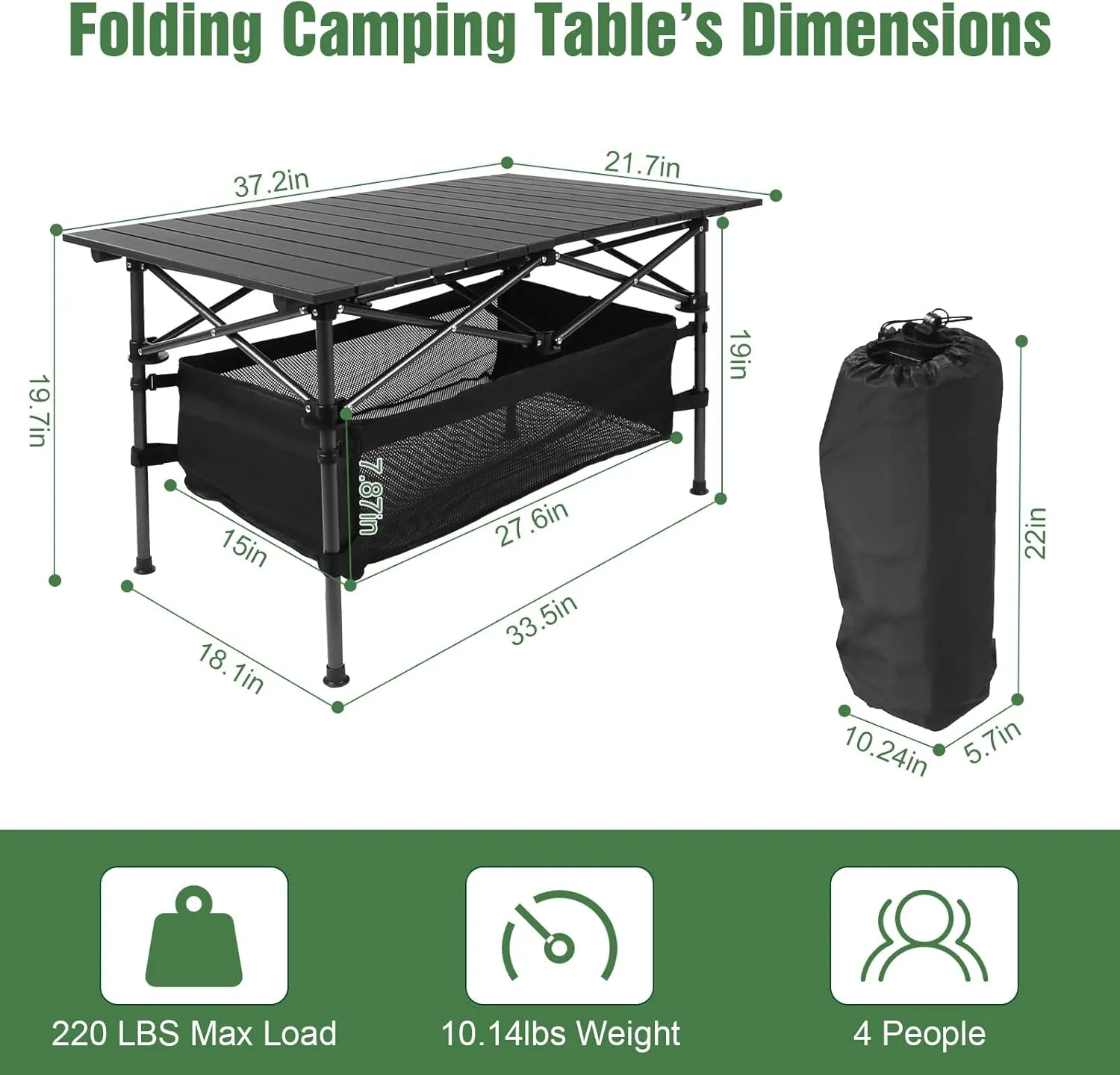 Camping Table with Storage, Outdoor Folding Table, Aluminum Folding Table with Easy Carrying Bag, Portable Lightweight Table for Outdoor,Camping, Beach,Backyard, BBQ, Party, Patio