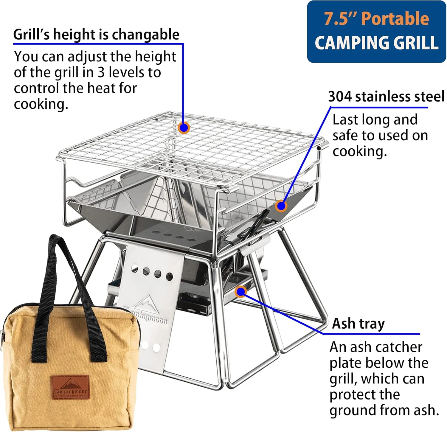 CAMPINGMOON Small Size Stainless Steel Portable Tabletop Charcoal Grill with Carry Bag X-MINI