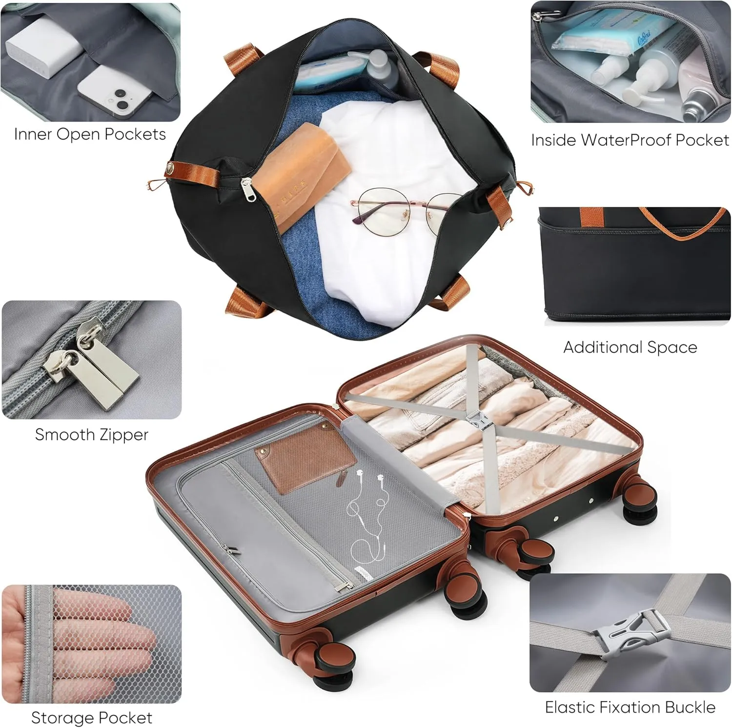 Carry on Luggage with Cup Holder and Front Pocket, Hard Shell Luggage Suitcase with USB Port, 20 Inch Rolling Luggage with Expandable Travel Bag (Black, 2 Piece Set)