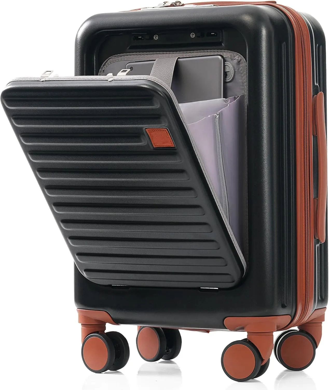 Carry on Luggage with Cup Holder and Front Pocket, Hard Shell Luggage Suitcase with USB Port, 20 Inch Rolling Luggage with Expandable Travel Bag (Black, 2 Piece Set)