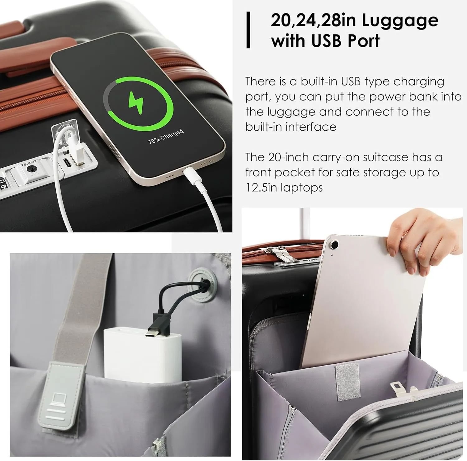 Carry on Luggage with Cup Holder and Front Pocket, Hard Shell Luggage Suitcase with USB Port, 20 Inch Rolling Luggage with Expandable Travel Bag (Black, 2 Piece Set)