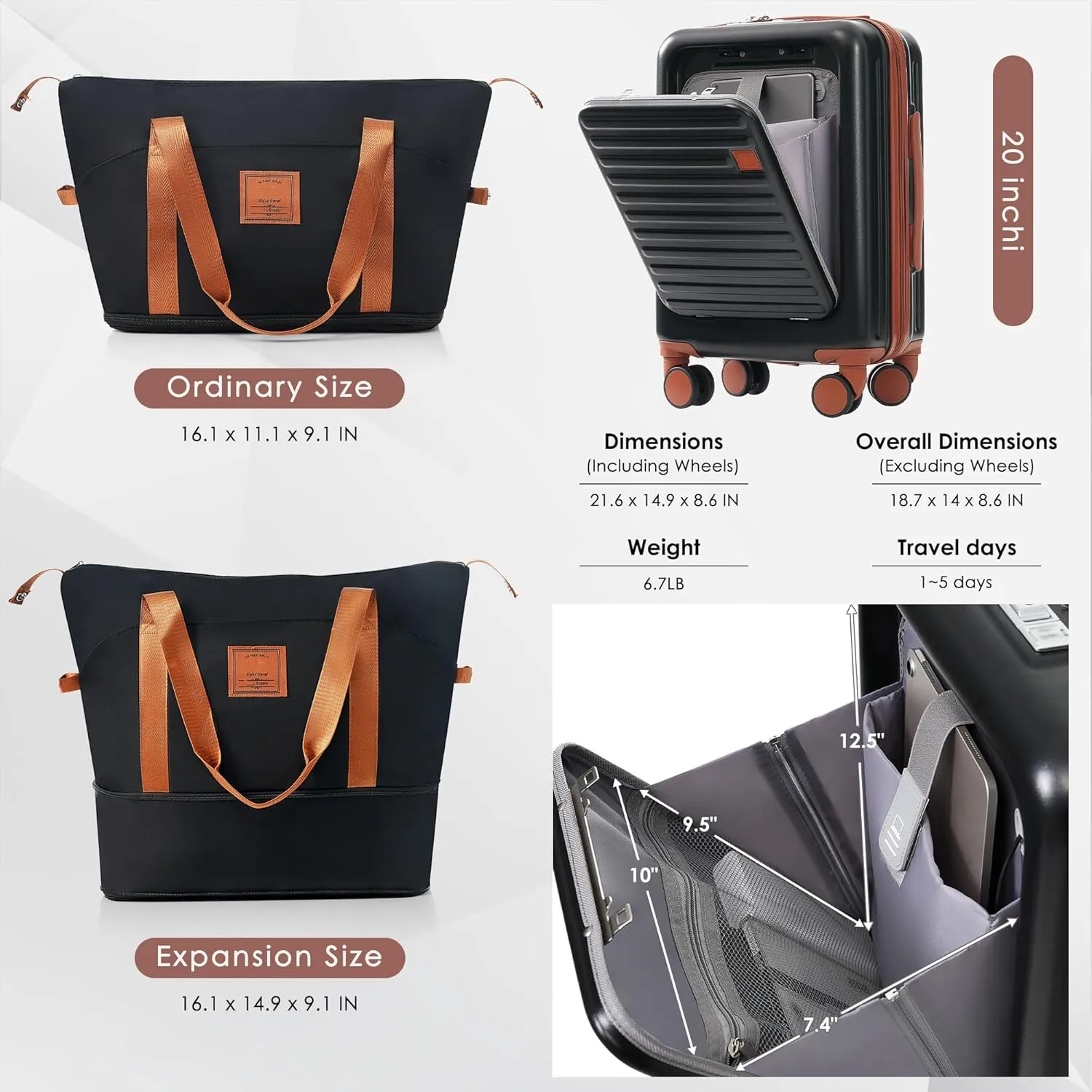 Carry on Luggage with Cup Holder and Front Pocket, Hard Shell Luggage Suitcase with USB Port, 20 Inch Rolling Luggage with Expandable Travel Bag (Black, 2 Piece Set)
