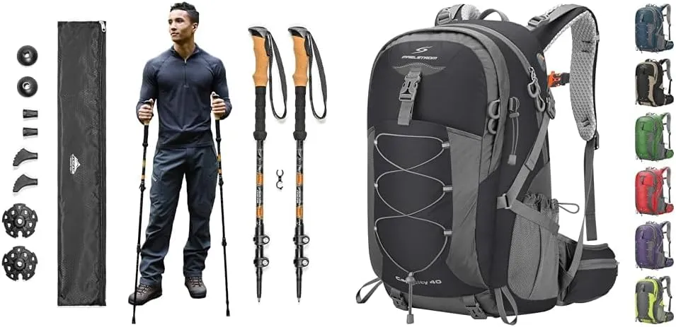 Cascade Mountain Tech Trekking Poles & Maelstrom 40L Hiking Backpack with Rain Cover, Waterproof Pocket