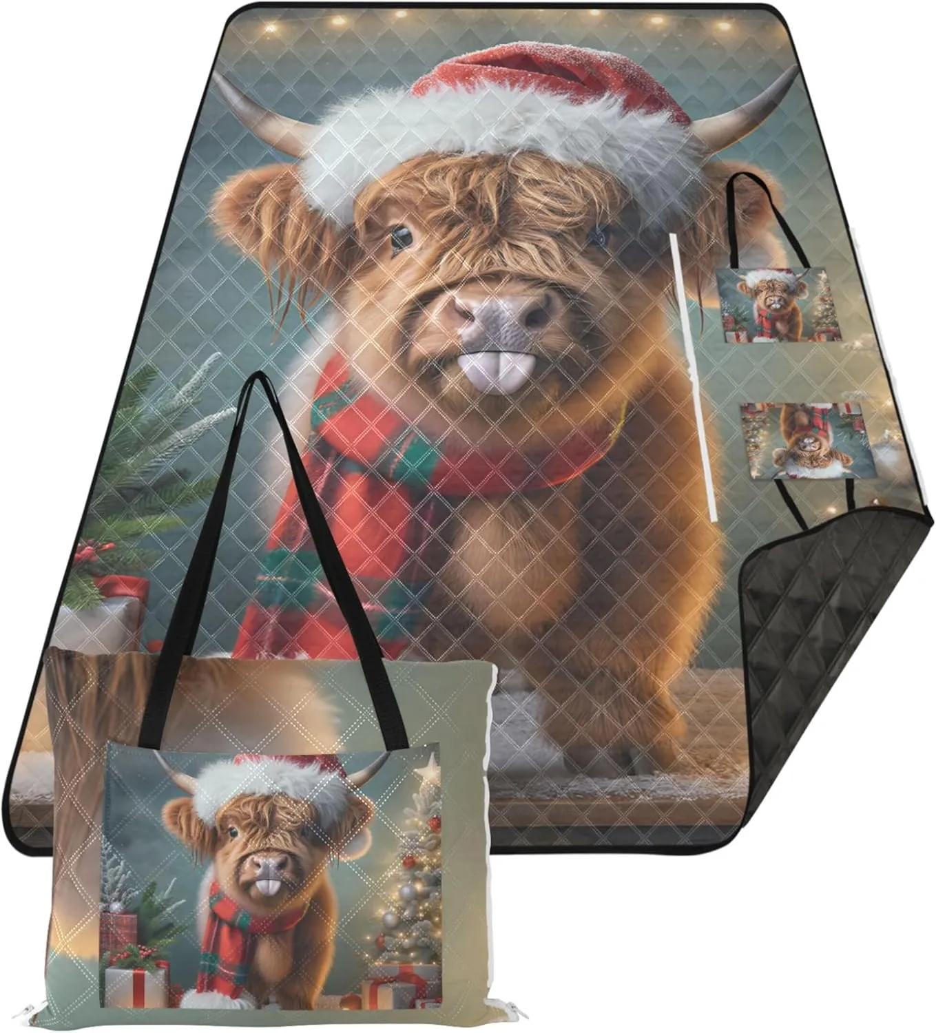 Cattle Highland Cow Christmas Foldable Picnic Blankets Large Waterproof Beach Blanket Sand Proof Grass Blanket Camping Mat 80" x 60"