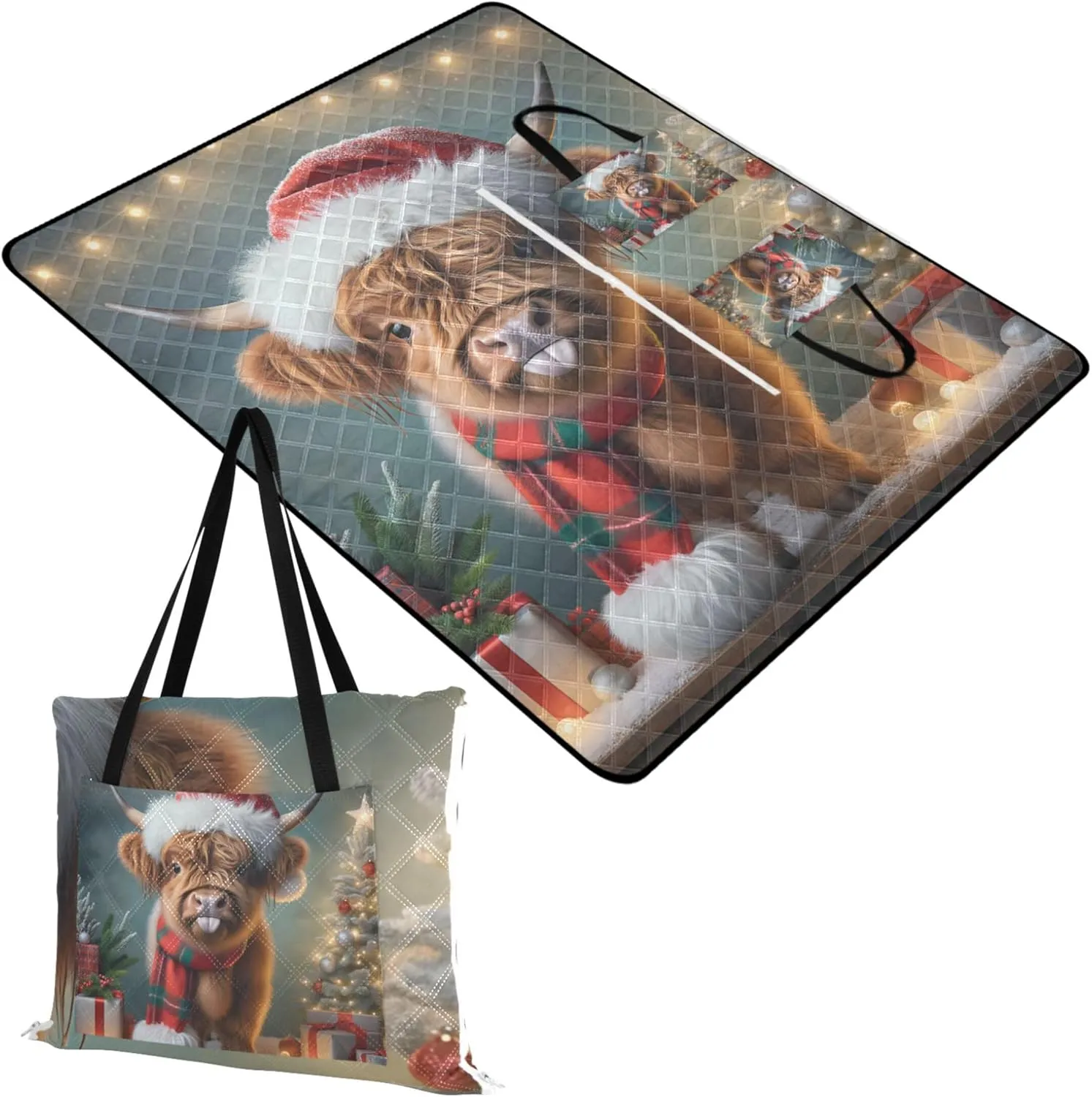 Cattle Highland Cow Christmas Foldable Picnic Blankets Large Waterproof Beach Blanket Sand Proof Grass Blanket Camping Mat 80" x 60"