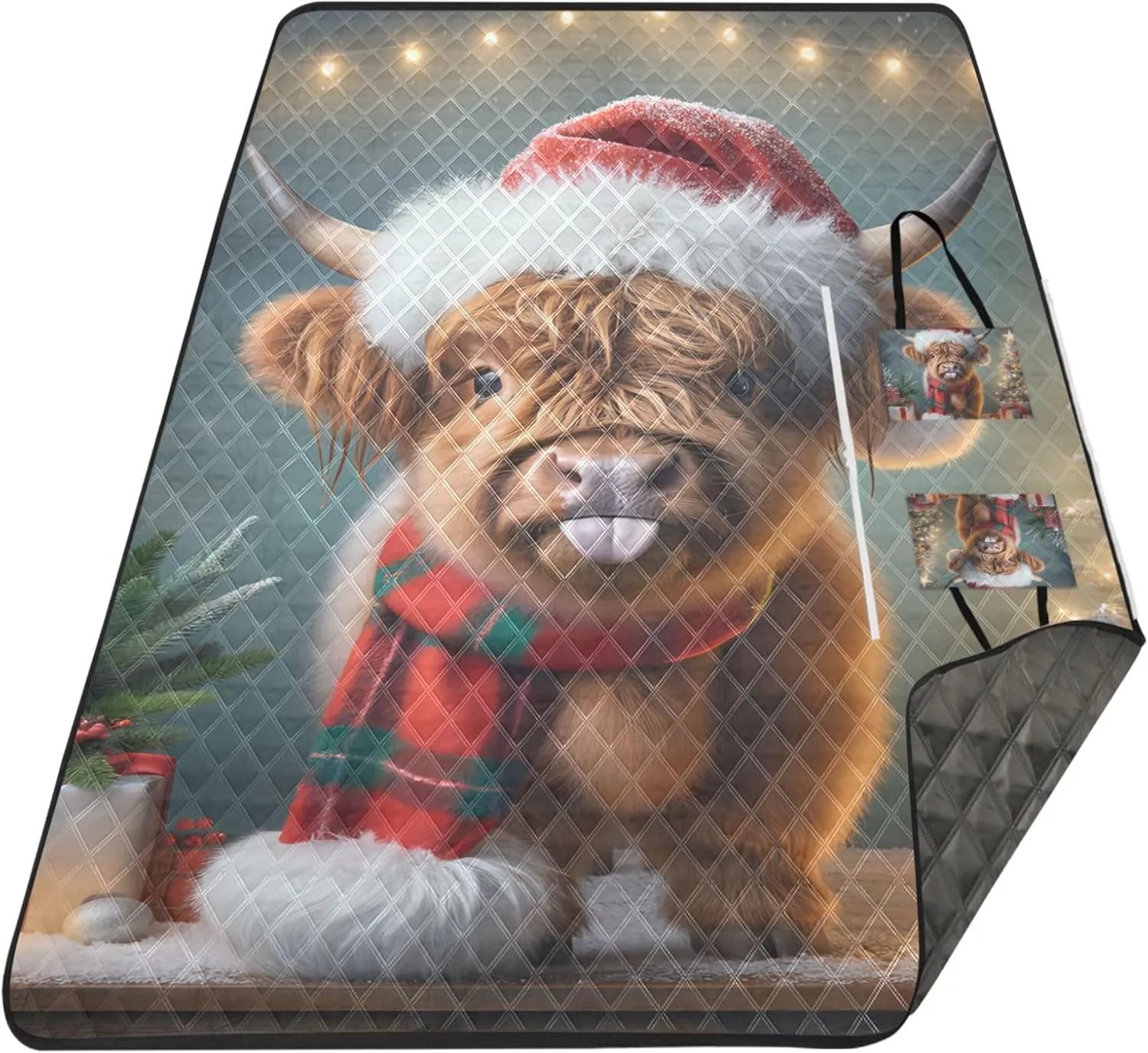 Cattle Highland Cow Christmas Foldable Picnic Blankets Large Waterproof Beach Blanket Sand Proof Grass Blanket Camping Mat 80" x 60"