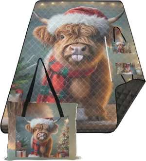 Cattle Highland Cow Christmas Foldable Picnic Blankets Large Waterproof Beach Blanket Sand Proof Grass Blanket Camping Mat 80" x 60"