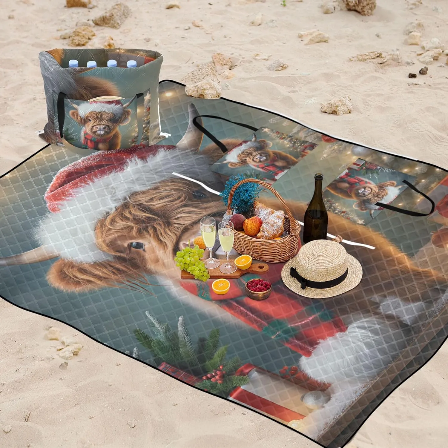 Cattle Highland Cow Christmas Foldable Picnic Blankets Large Waterproof Beach Blanket Sand Proof Grass Blanket Camping Mat 80" x 60"
