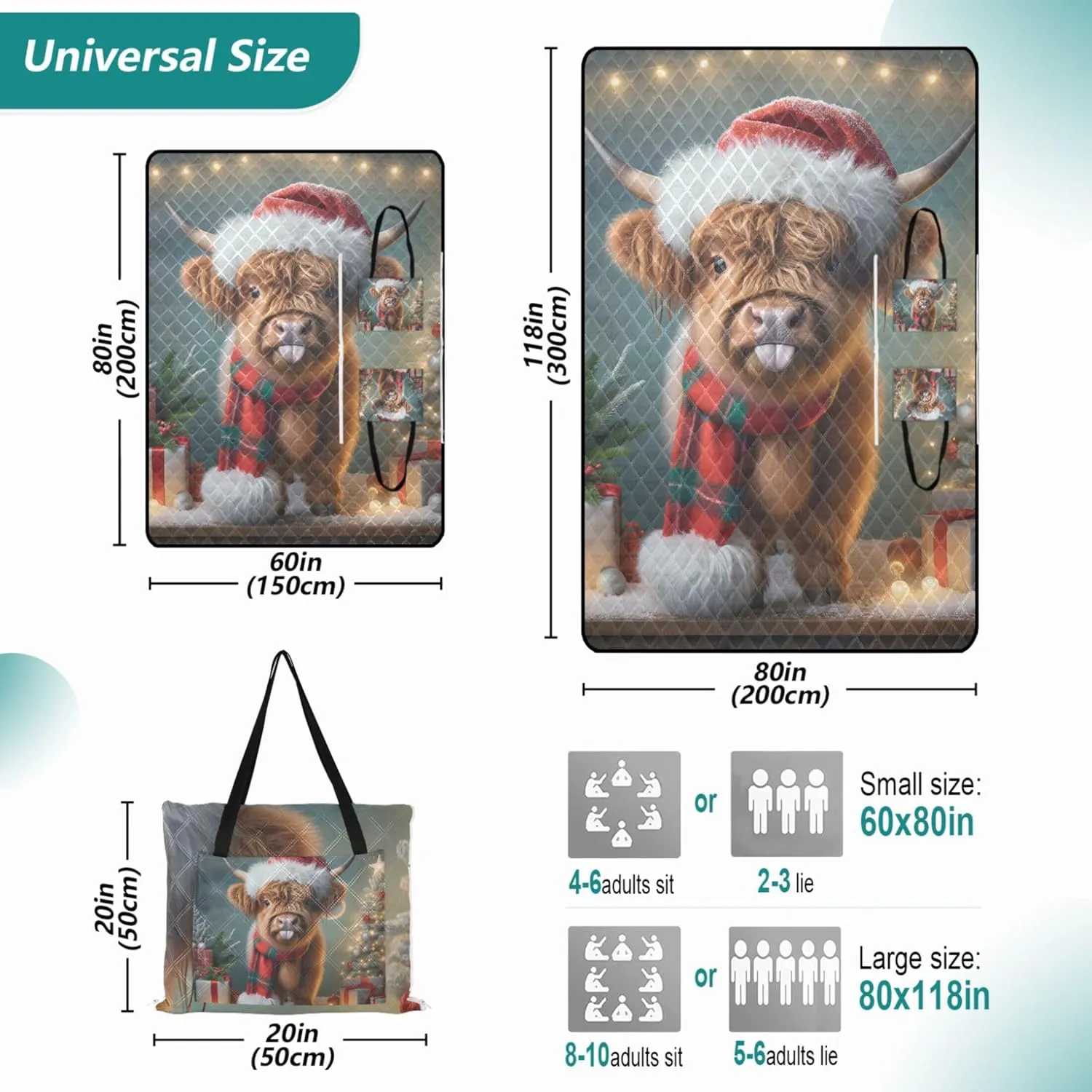 Cattle Highland Cow Christmas Foldable Picnic Blankets Large Waterproof Beach Blanket Sand Proof Grass Blanket Camping Mat 80" x 60"