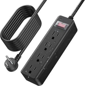 CCCEI Outdoor Waterproof 25 FT Flat Plug Extension Cord Power Strip,1500J Surge Protector Weatherproof Indoor Exterior Multiple Outlet, 25 Foot Extra Long, 3 Prong, 4 Outlets, Black. (Black, 25FT)