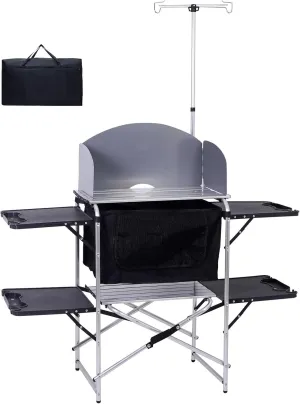 CDEN Kitchen Camping Table, Camping Kitchen Station, Camping Table, Portable Grill Table, Picnic Table with Cabinet Storage, 4 Side Table, Windshield, Light Stand, Outdoor (Black)