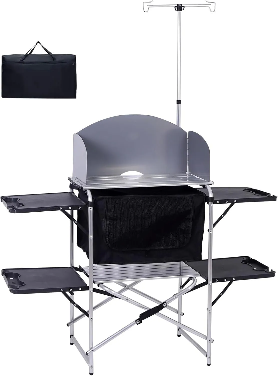 CDEN Kitchen Camping Table, Camping Kitchen Station, Camping Table, Portable Grill Table, Picnic Table with Cabinet Storage, 4 Side Table, Windshield, Light Stand, Outdoor (Black)