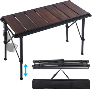 CHANGE MOORE Portable IGT Camping Table Acacia Wood Tabletop, 16.14-26.4inch Height-Adjustable Aluminum Table Leg, X-Shaped Structural Support, 3 Side Pipes Outdoor Table with Carrying Zipper Bag