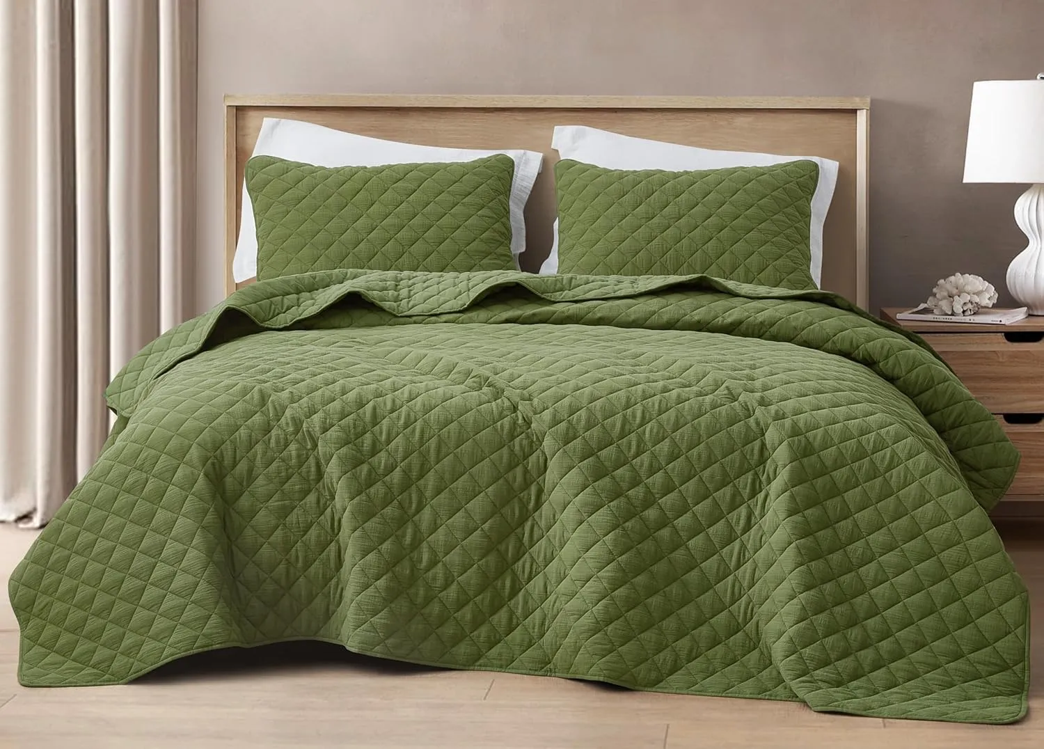 Chezmoi Collection 3-Piece Cotton Gauze King Quilt Set, Olive Green Soft Washed Cotton Gauze Bedspread, Lightweight Breathable Reversible 180GSM Fill for All Season