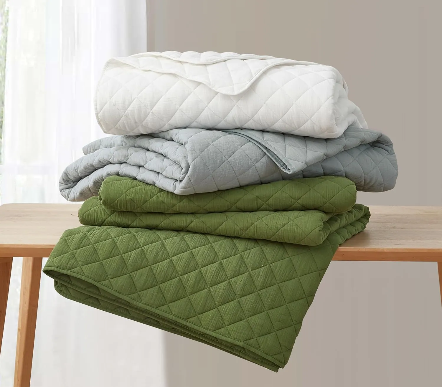 Chezmoi Collection 3-Piece Cotton Gauze King Quilt Set, Olive Green Soft Washed Cotton Gauze Bedspread, Lightweight Breathable Reversible 180GSM Fill for All Season