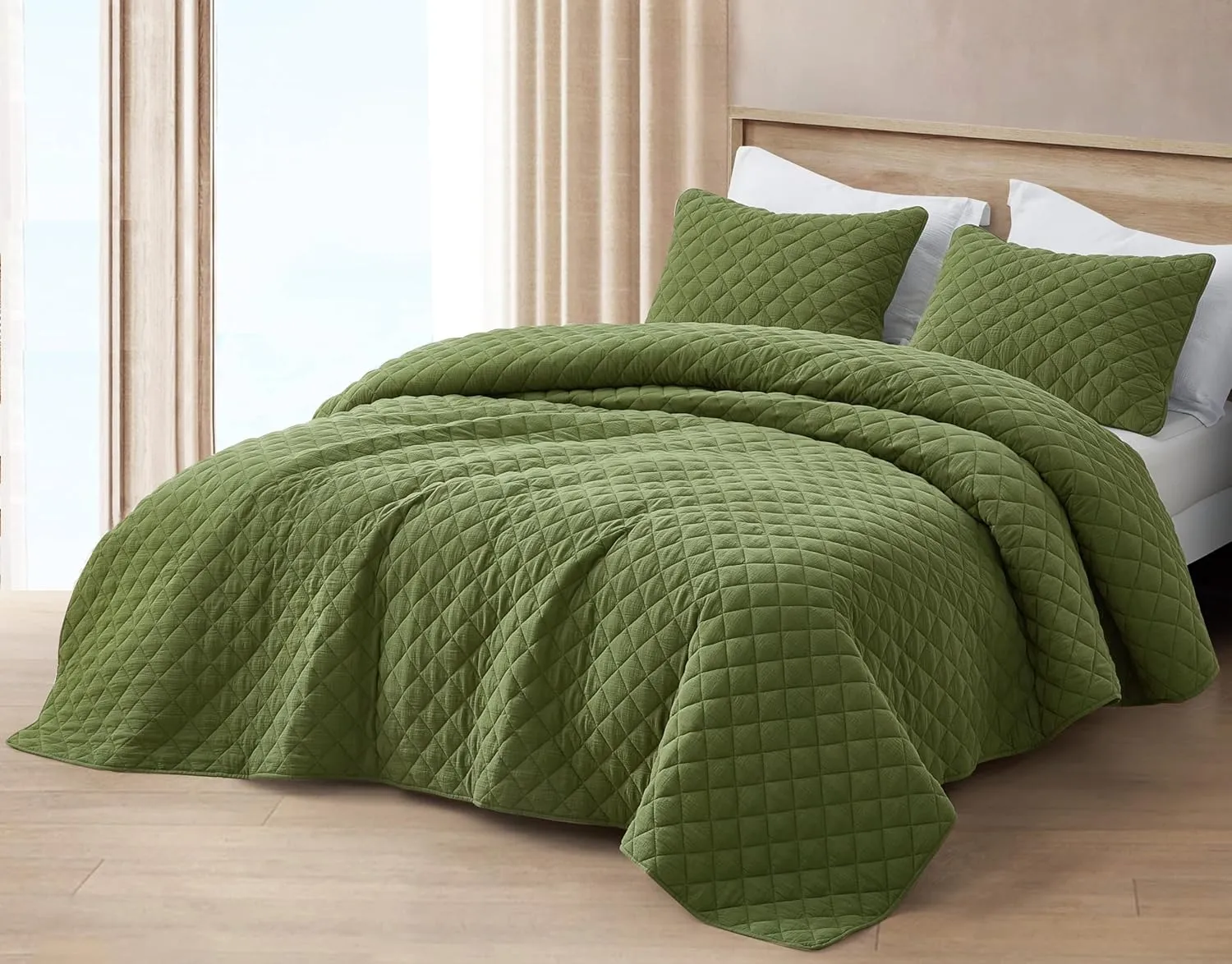 Chezmoi Collection 3-Piece Cotton Gauze King Quilt Set, Olive Green Soft Washed Cotton Gauze Bedspread, Lightweight Breathable Reversible 180GSM Fill for All Season
