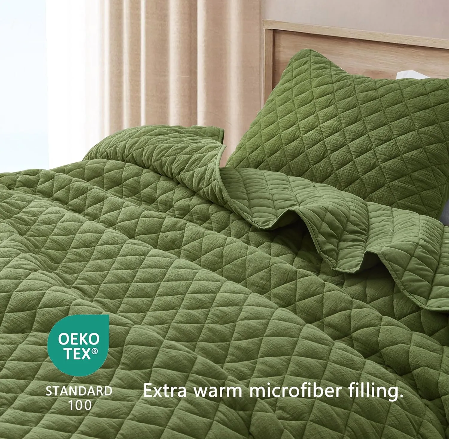 Chezmoi Collection 3-Piece Cotton Gauze King Quilt Set, Olive Green Soft Washed Cotton Gauze Bedspread, Lightweight Breathable Reversible 180GSM Fill for All Season