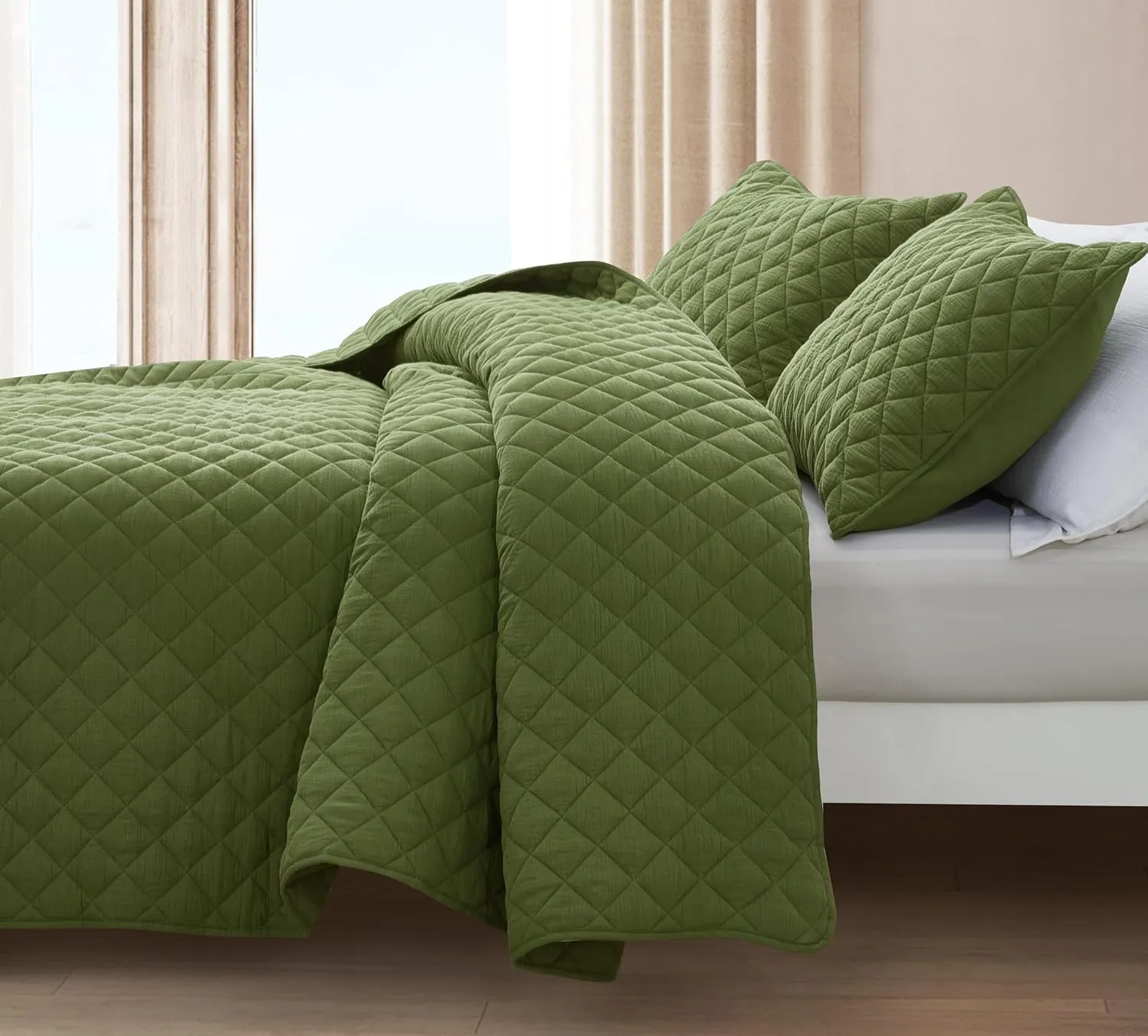Chezmoi Collection 3-Piece Cotton Gauze King Quilt Set, Olive Green Soft Washed Cotton Gauze Bedspread, Lightweight Breathable Reversible 180GSM Fill for All Season