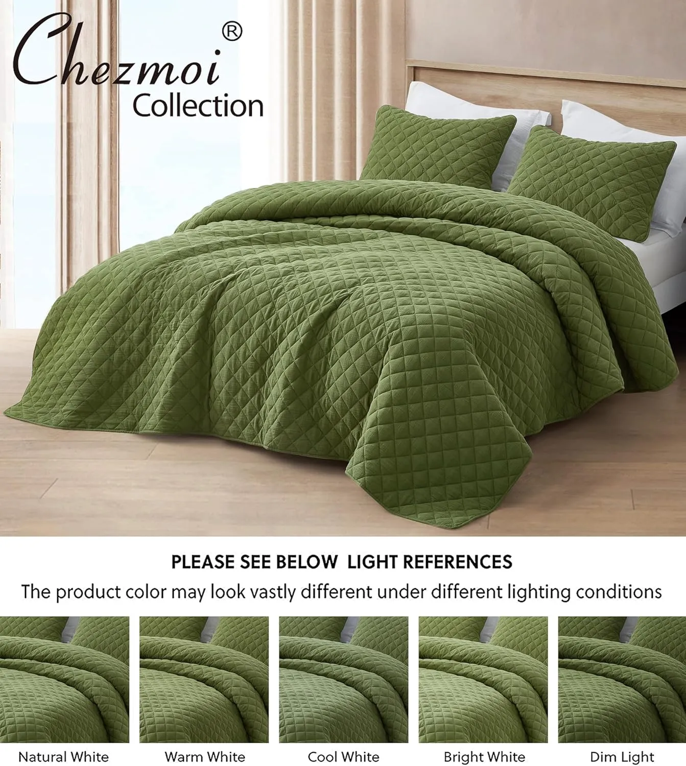 Chezmoi Collection 3-Piece Cotton Gauze King Quilt Set, Olive Green Soft Washed Cotton Gauze Bedspread, Lightweight Breathable Reversible 180GSM Fill for All Season